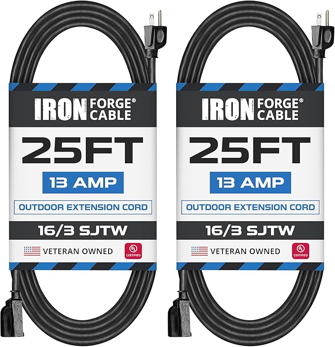 Iron Forge Cable 2 Pack 25 Ft Black Extension Cord, 25 Foot Extension Cord by IronForgeCable