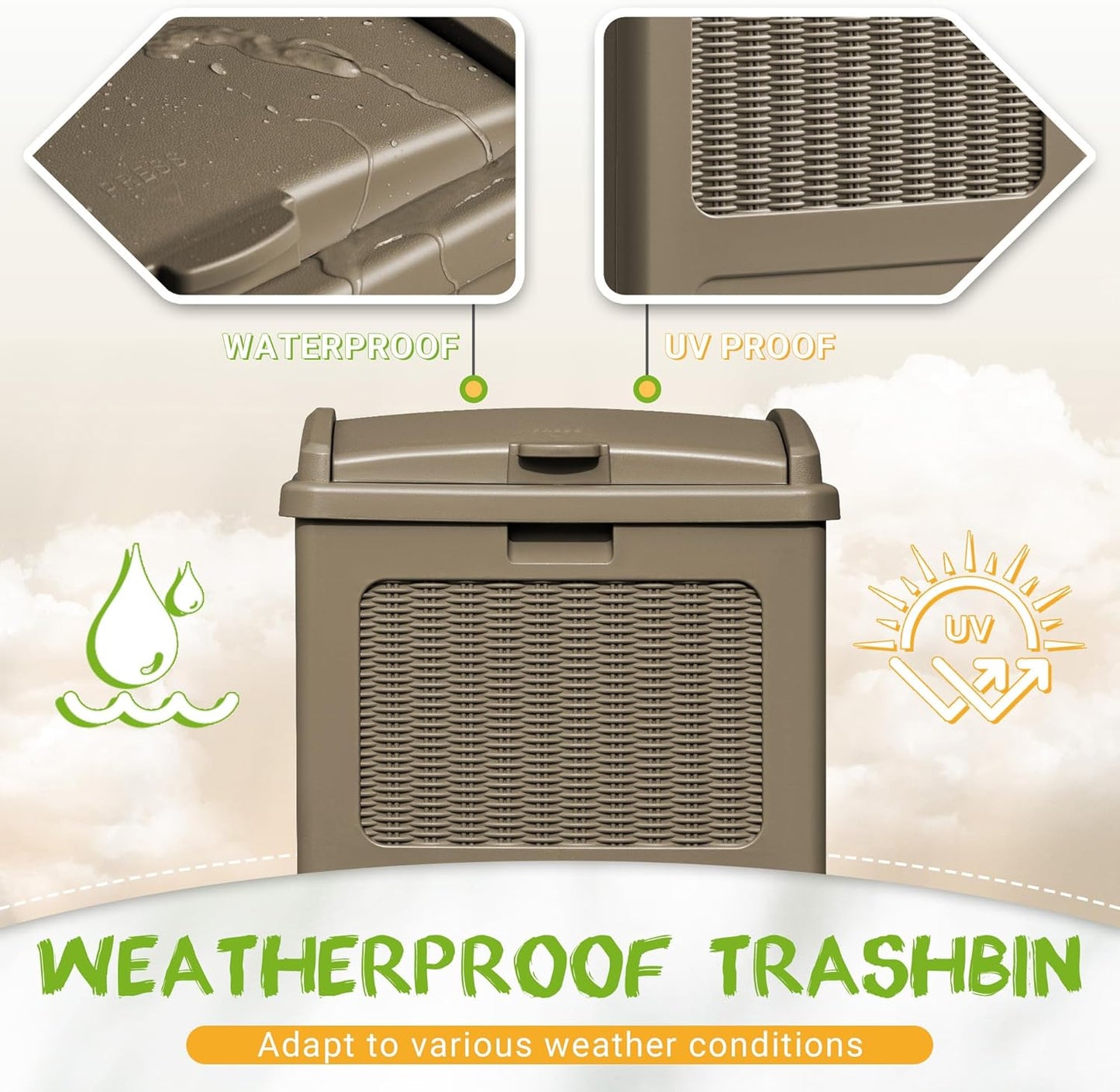 YESHOMY 2 Pack Outdoor Trash Can with Lid, Garbage Bins for Garden, Porch, Home and Kitchen, Coffee