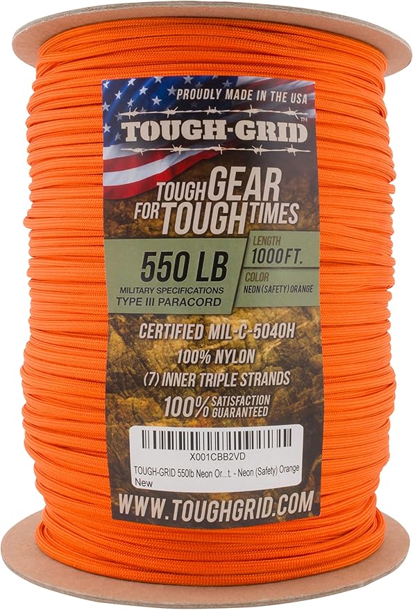 TOUGH-GRID 550 Paracord, Type III Mil-Spec Nylon Rope - 1000 Ft Neon Orange - Image 3