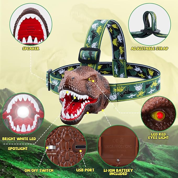Nitigo Dinosaur Headlamp for Kids Flashlight 2 Pack, Rechargeable Led - Image 2