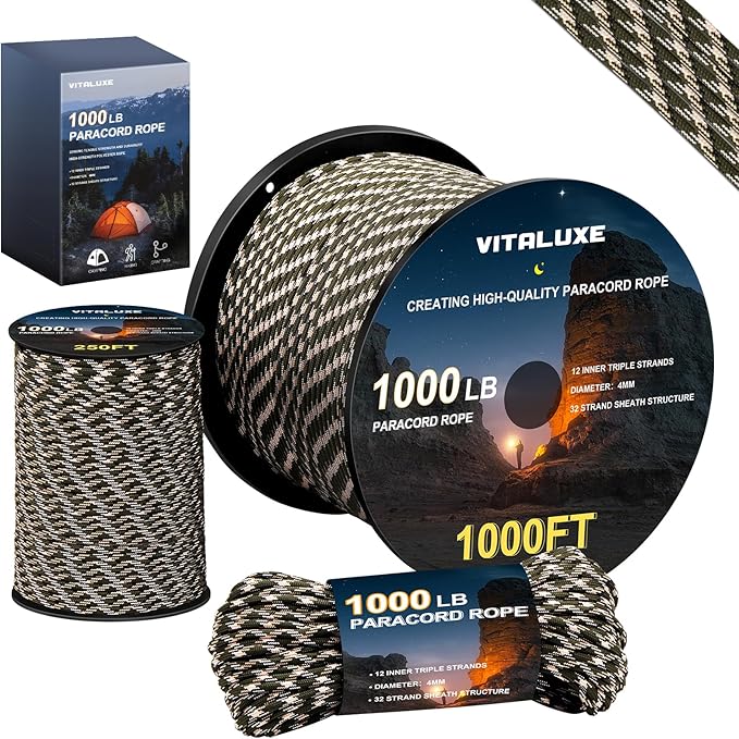 1000lb Paracord Rope, 4mm 12 Triple Strands Paracord, Heavy Duty Tactical by VITALUXE