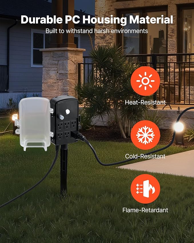 VEVOR Outdoor Power Stake Waterproof, 50 FT Extension Cord, Outdoor Power Strip - Image 5