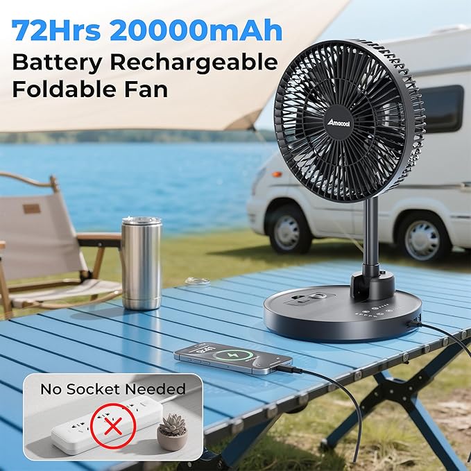 AMACOOL 10'' Foldable Oscillating Fan, 20000mAh Battery Operated - Image 2