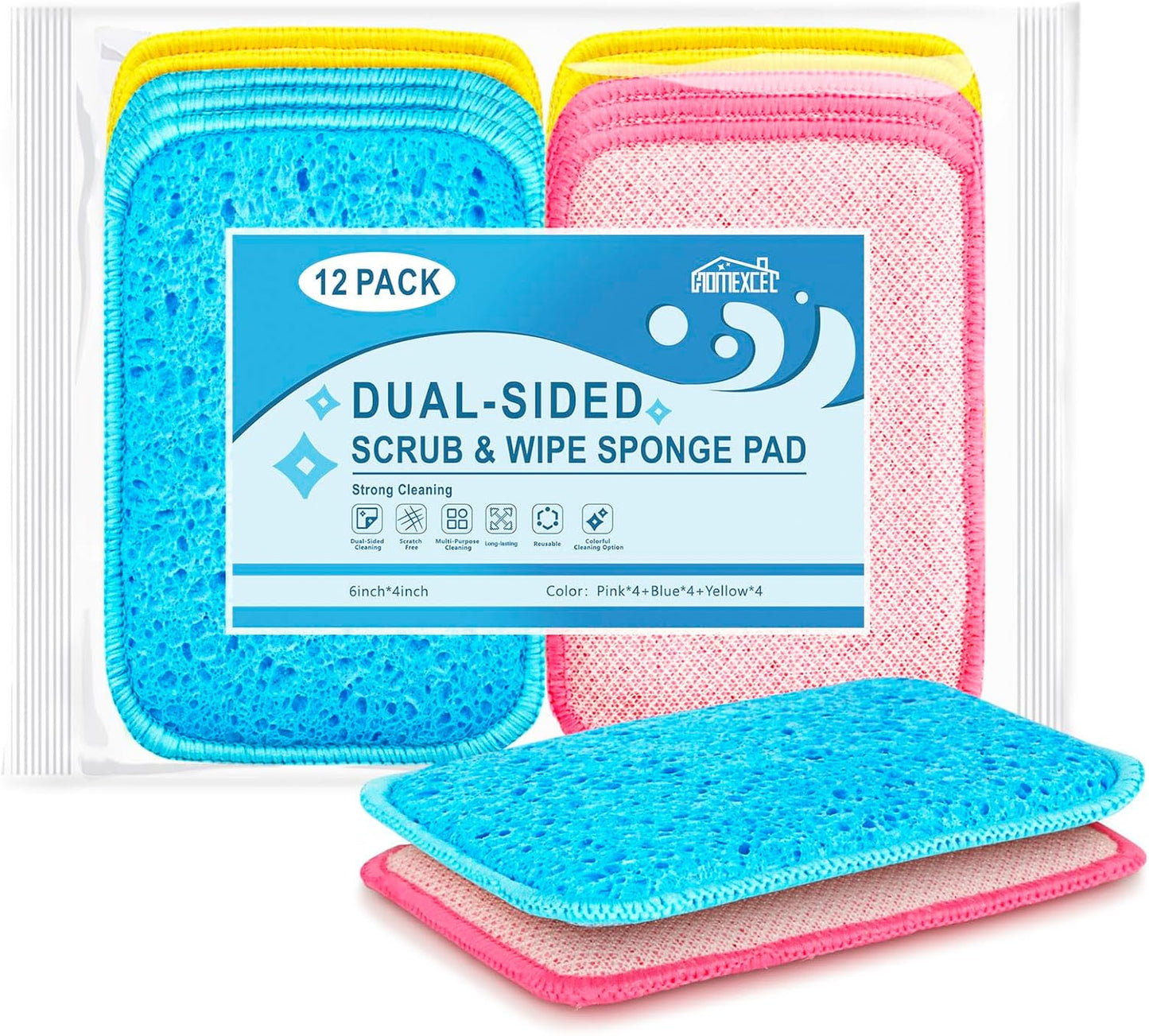 HOMEXCEL 12 Pack Scrub & Wipe Cloths, Dual-Sided Sponges for Kitchen, All-Purpose Cloth for Dishes, Pots, Pans, Non-Stick Cookware, Countertops (Red, Yellow, Blue)