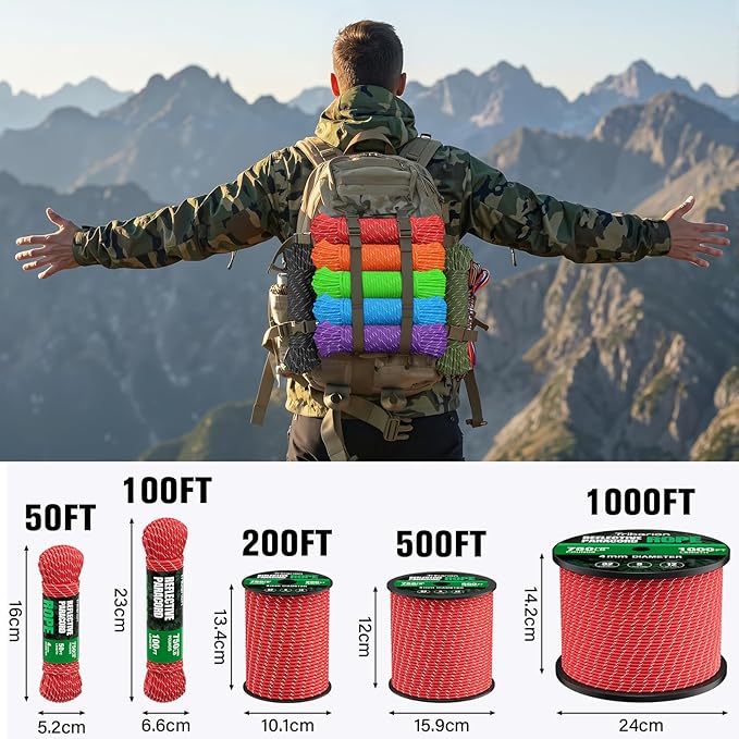 Reflective Paracord Rope 750 lb - 200ft 5/32" Parachute Cord 4MM 12-Strand para - Image 5