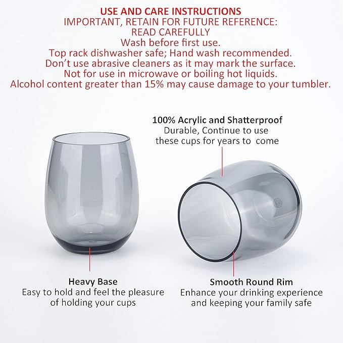 KOXIN-KARLU Classic 18-ounce Acrylic Stemless Wine Glasses, Unbreakable Mixed - Image 3