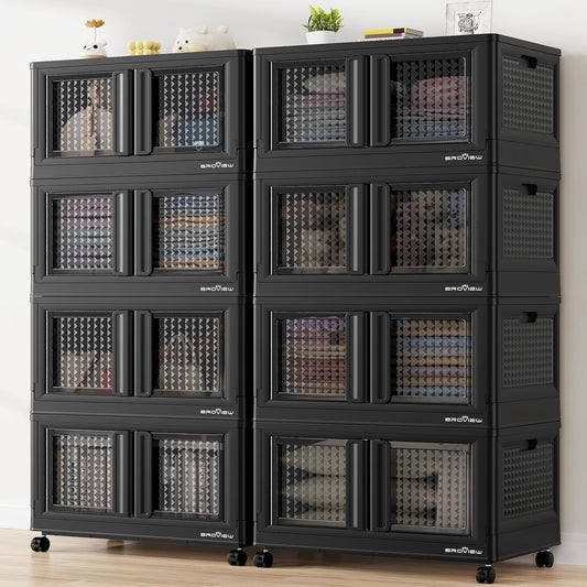 BROVIEW 160Gal Stackable Storage Bins with Lids & Wheels, 640Qt Plastic Collapsible Closet Organizer and Storage Drawers, Storage Boxes Cabinets for Home, Office, 8 Pack, Black