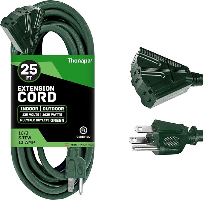 Thonapa Weatherproof Green Extension Cord 25 ft 3 Outlets, 16/3 SJTW Outdoor by Thonapa