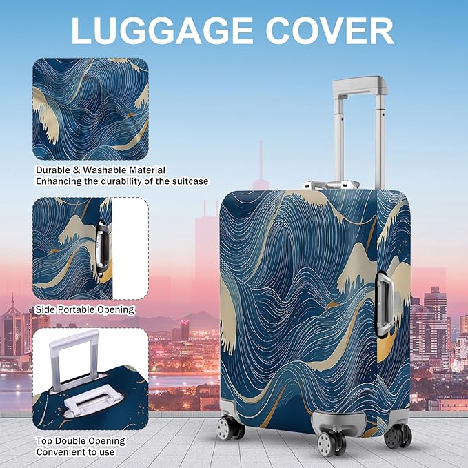 ANNA QUEEN Ocean Wave Luggage Cover, Elegant Blue Flow Line Design Suitcase - Image 3