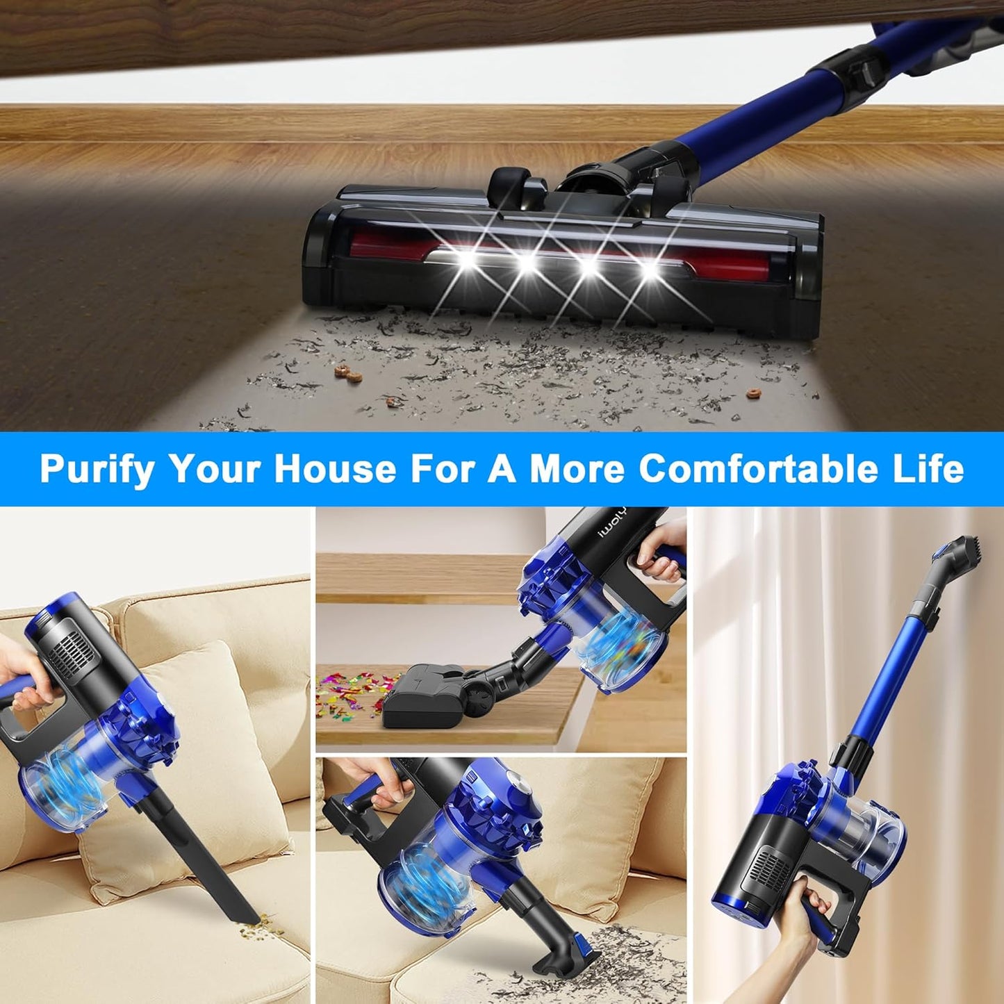 iwoly Cordless Vacuum Cleaner with 28KPa Powerful Suction, Brushless Motor, HEPA Filter, 3 Modes, Detachable Battery, 2-in-1 Stick & Handheld Vacuum for Home Hard Floor Pet Hair