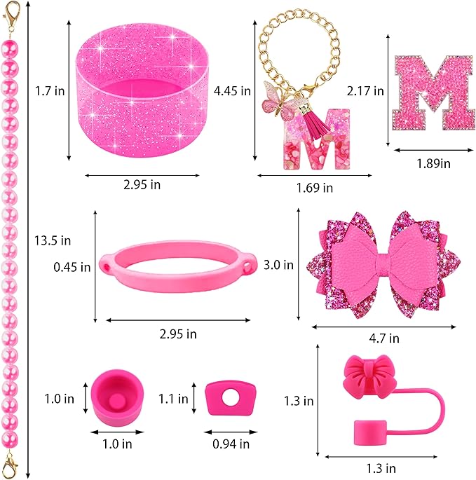 9PCS Hot Pink for Stanley Cup Accessories Set Bling Initials Bow Charms for - Image 3