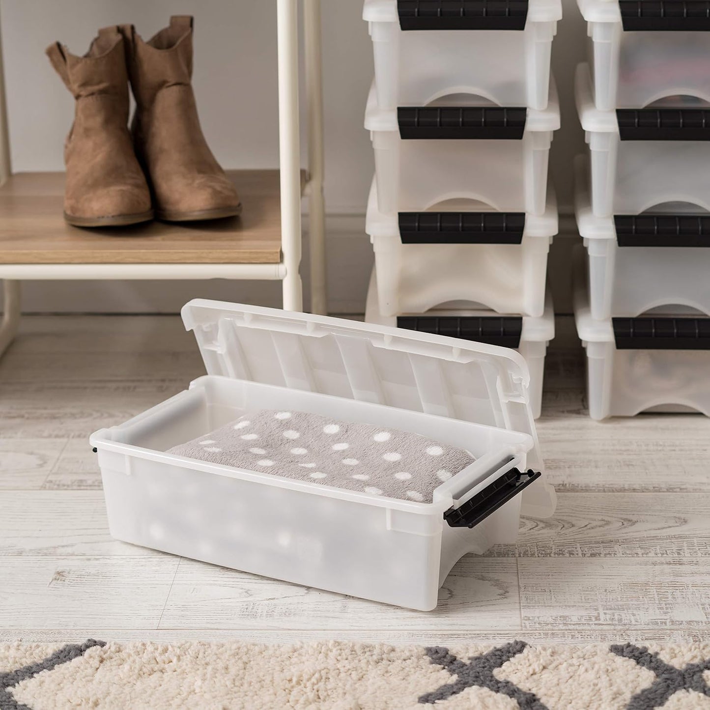 IRIS USA 6 Qt Stackable Plastic Storage Bins with Lids, 10 Pack - BPA-Free, Made in USA - Discreet Organizing Solution, Latches, Durable Nestable Containers, Secure Pull Handle - Pearl