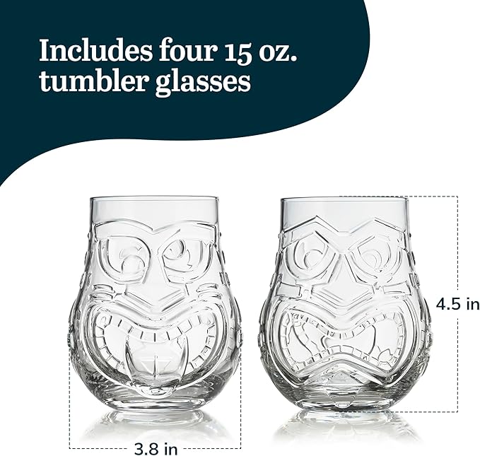 Libbey Tiki Split Glass Tumbler Set, Vintage-Style Quirky Drinking Glasses Set - Image 3