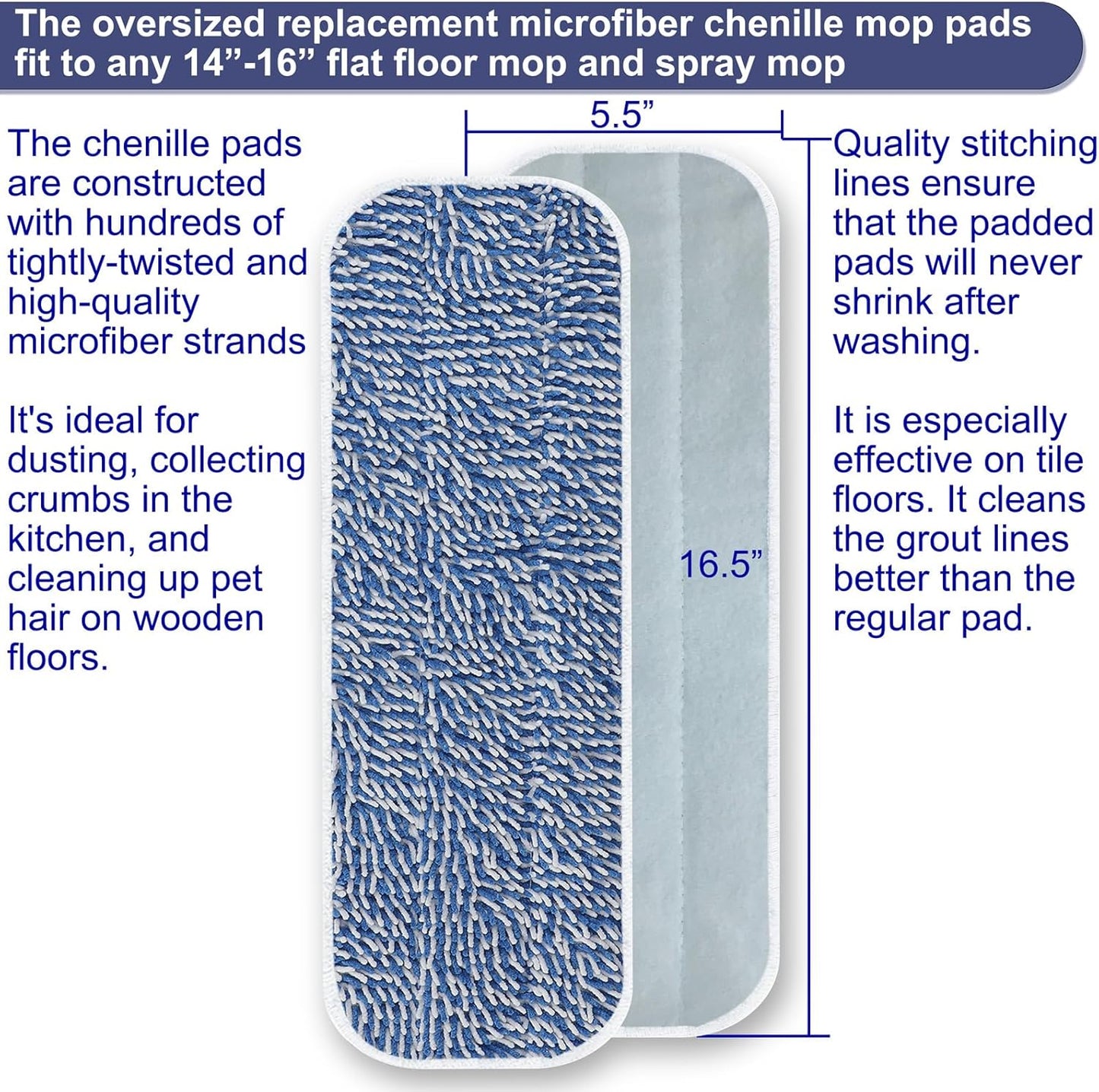 Replacement Mop Pad 16.5''x5.5'' for Floor Cleaning, 5 Pack Chenille Dust Mop Head Refills Attract and Pick Up Pet Hair, Washable Dry Cleaning Pads Compatible with Bona Mop and Most Spray Mops
