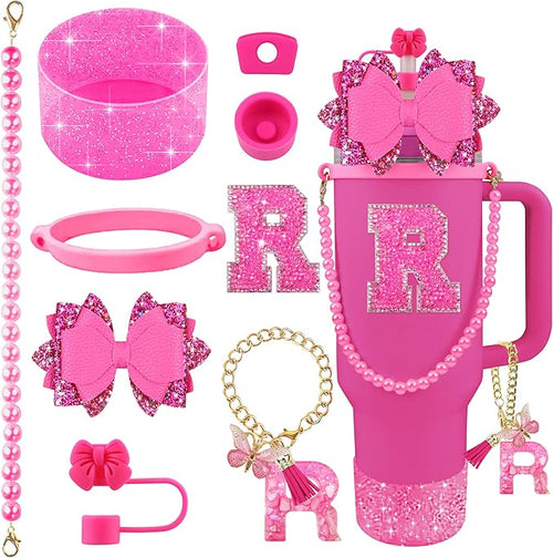 9PCS Hot Pink for Stanley Cup Accessories Set Bling Initials Bow Charms for by Unknown