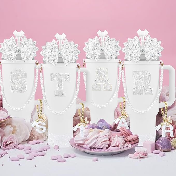 9PCS White for Stanley Cup Accessories Set Bling Initials Bow Charms for - Image 7