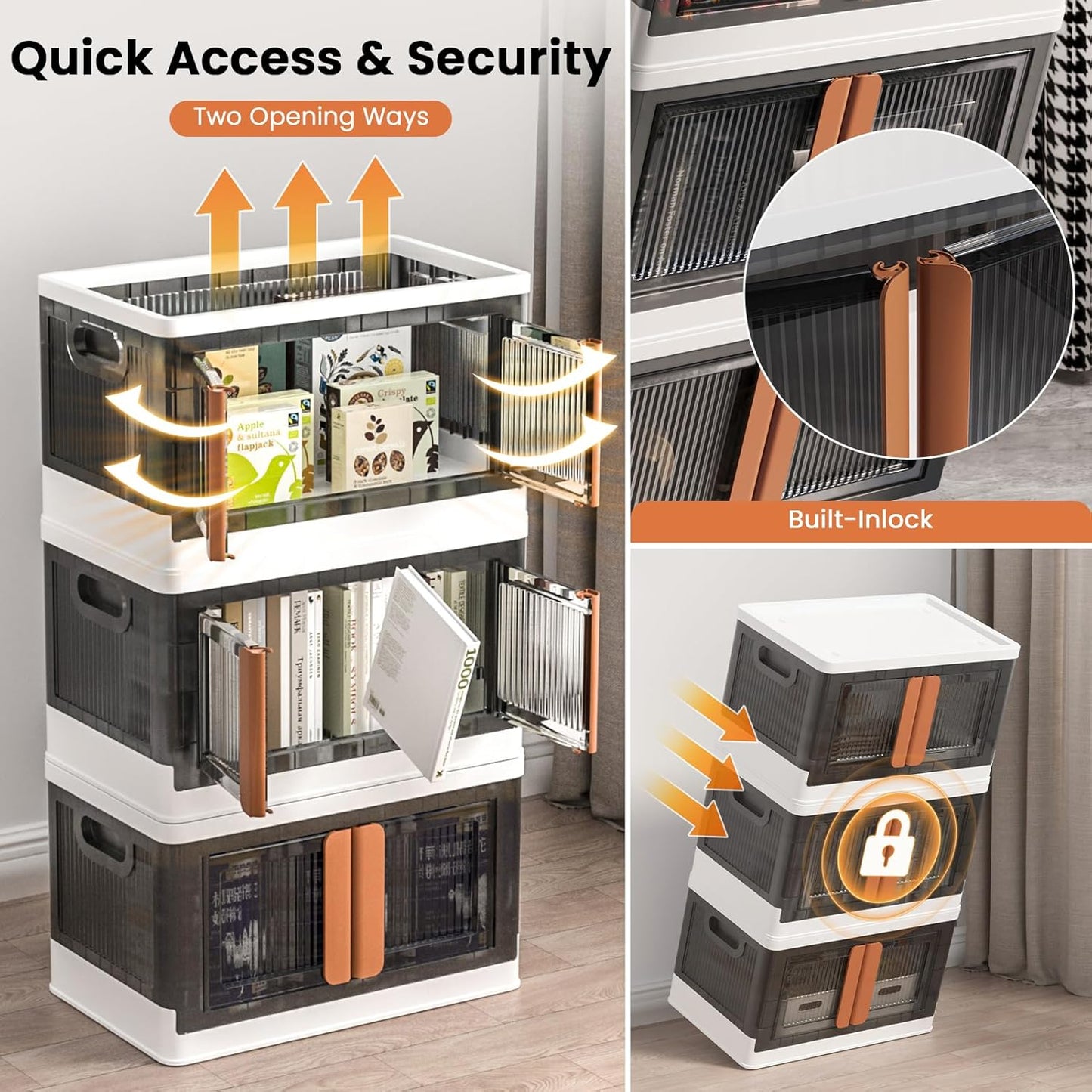 8.4Gal Collapsible Storage Bins with Lids & Wheels - 6 Pack Stackable with Doors, Heavy-Duty Plastic Containers for Home/Office, White