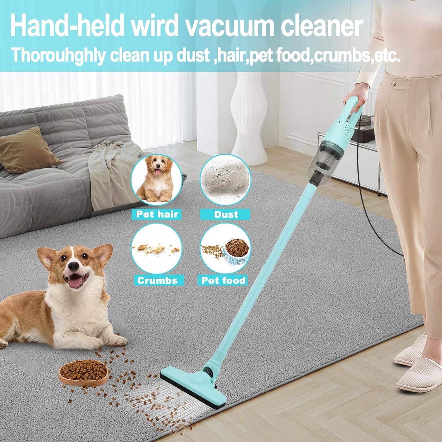 6-in-1 Lightweight Stick Vacuum Cleaner with 100W Powerful Motor, Mini Portable Household Handheld Vacuum Cleaner for Domestic Hard Floors, Carpets and Pet Hair(Green Corded)