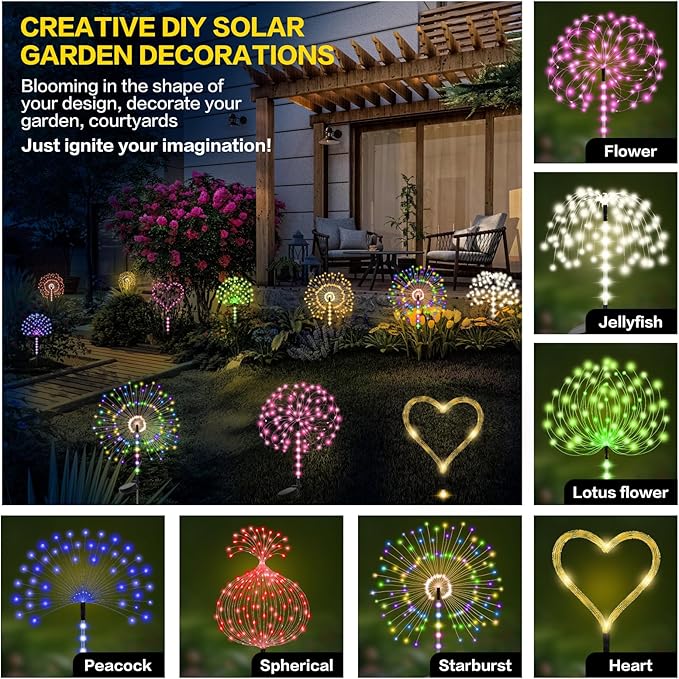 2 Pack 250LED Solar Garden Lights Outdoor, Dual Lighting Modes Firework Lights - Image 6