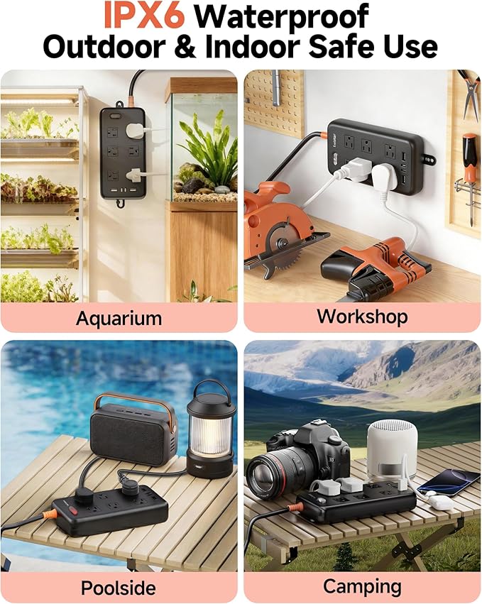 Outdoor Power Strip Waterproof IPX6, 15 Ft Extension Cord, 6 Wide Outlets & 4 - Image 7