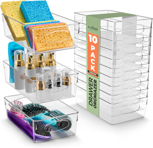 Sorbus Medium Clear Plastic Storage Bins for Organizing, 10 Pack Clear Organizer Bins with Handles Plastic Storage Bins for Closet, Pantry, Fridge, Medicine Cabinet Organizer, Shelves, Freezer, Drawer