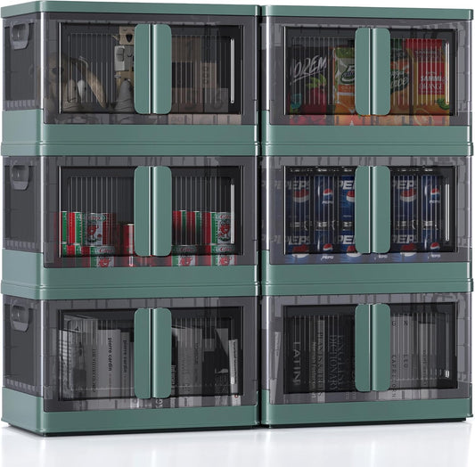 8.4Gal Collapsible Storage Bins with Lids & Wheels - 6 Pack Stackable with Doors, Heavy-Duty Plastic Containers for Home/Office, Green