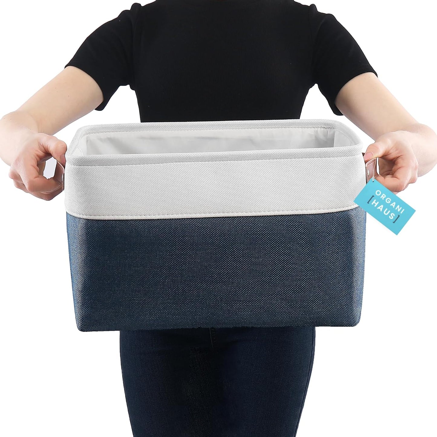 OrganiHaus Large Fabric Storage Baskets for Shelves 3 Pack, 15x11in Closet Storage Bins for Shelves, Cloth Baskets for Organizing, Linen Closet Organizers, Fabric Basket - Navy Blue/White