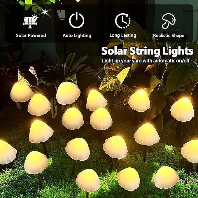 OZS 2PK 32LED 55FT Mushroom Solar Garden Lights Outdoor, Solar String Lights - Image 8