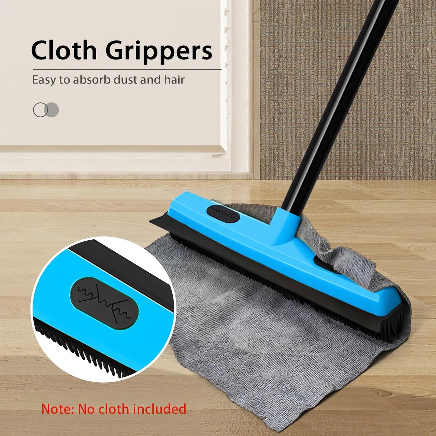 JEHONN Rubber Broom Carpet Rake Brush for Pet Hair with Squeegee, 52.8 inches Long Handle Silicone Fur Scraper Removal Tool with Detailing Lint Comb for Rug, Tile, Hardwood Floor Cleaning (Blue)