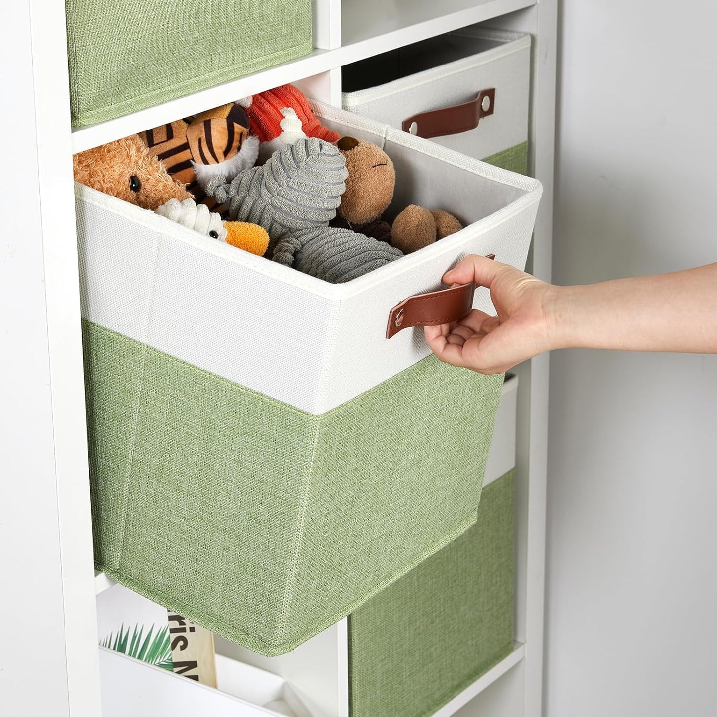 DULLEMELO Fabric Storage Cubes, 12x12 Storage Cube Bins for Organizing, Foldable Storage Baskets Square Cloth Bins for Cube Storage, Cube Organizer for Storage,White&Green