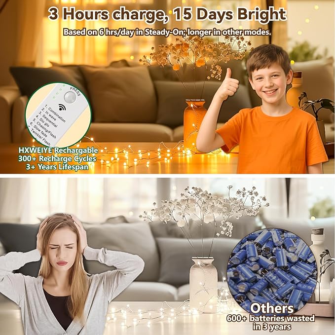 HXWEIYE Rechargeable Fairy Lights Battery Operated, DIY Timer & 8 Modes - Image 3