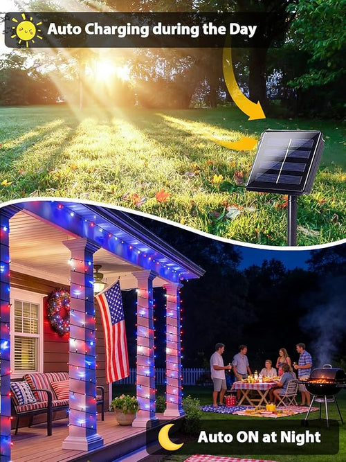 2 Pack 200 LED Red White and Blue Solar String Lights Outdoor Waterproof - Image 2