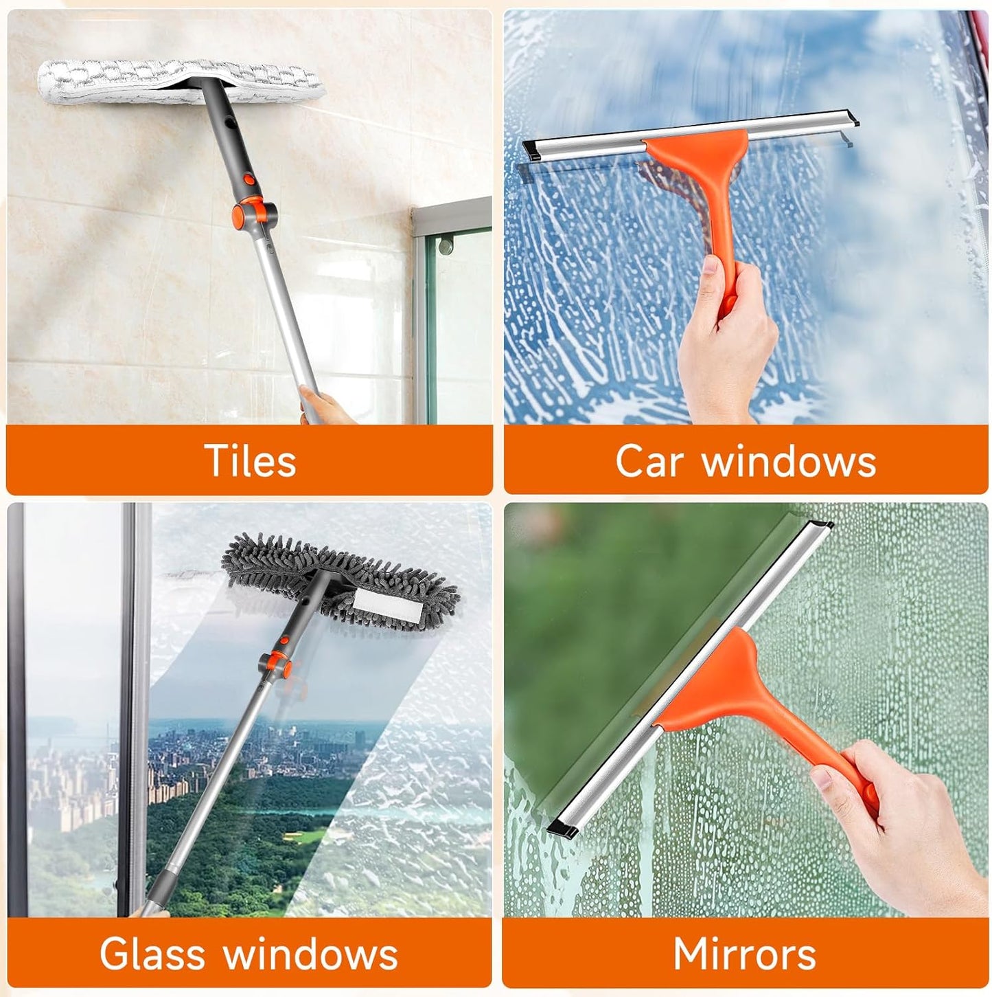 Chabatree Window Squeegee Cleaner Set 2-in-1 Window Cleaning Tool with Extendable Pole, Window Cleaning kit with Bendable Head for Indoor & Outdoor Glass for Car Indoor Outdoor High Windows（Kit1.0）