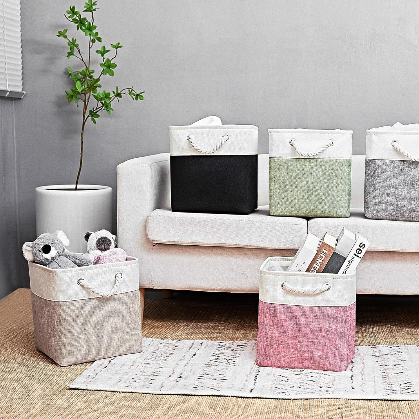 Cube Storage Bins, Collapsible Fabric Storage Cubes Bins, 11 Inch Cube Storage Bins with Handles, Foldable Storage Cubes (White/Beige, 6Pack)