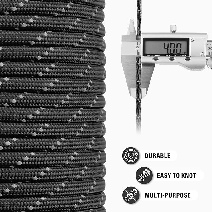 Reflective Paracord Rope 750 lb - 50ft 5/32" Parachute Cord 4MM 12-Strand para - Image 5