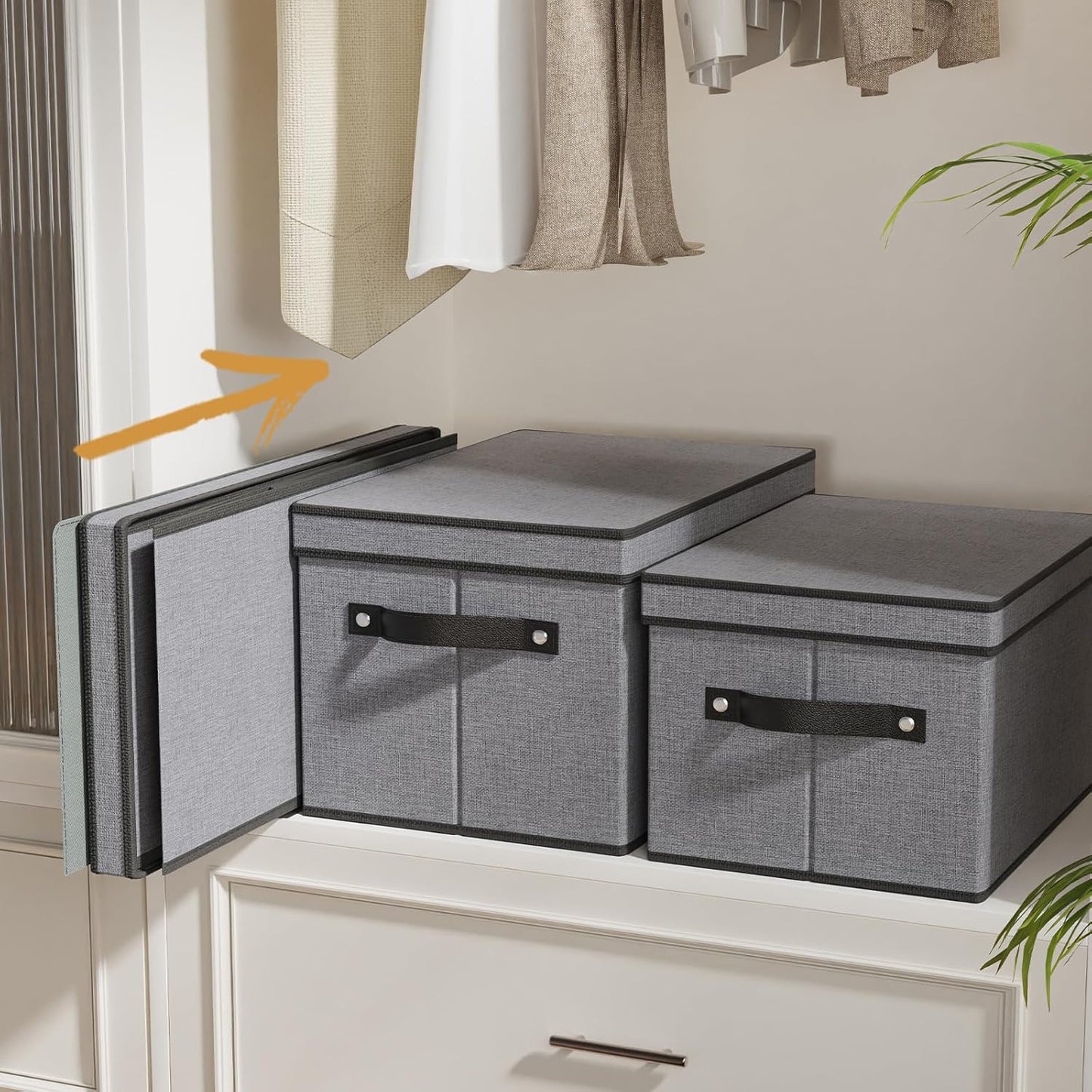 Storage Boxes, 15 x 9.8 x 8.3 Inch Baskets for Organizing with Lids, Fabric Bins with Handles, Decorative Linen Closet Organizers, Gray, 5 Pack