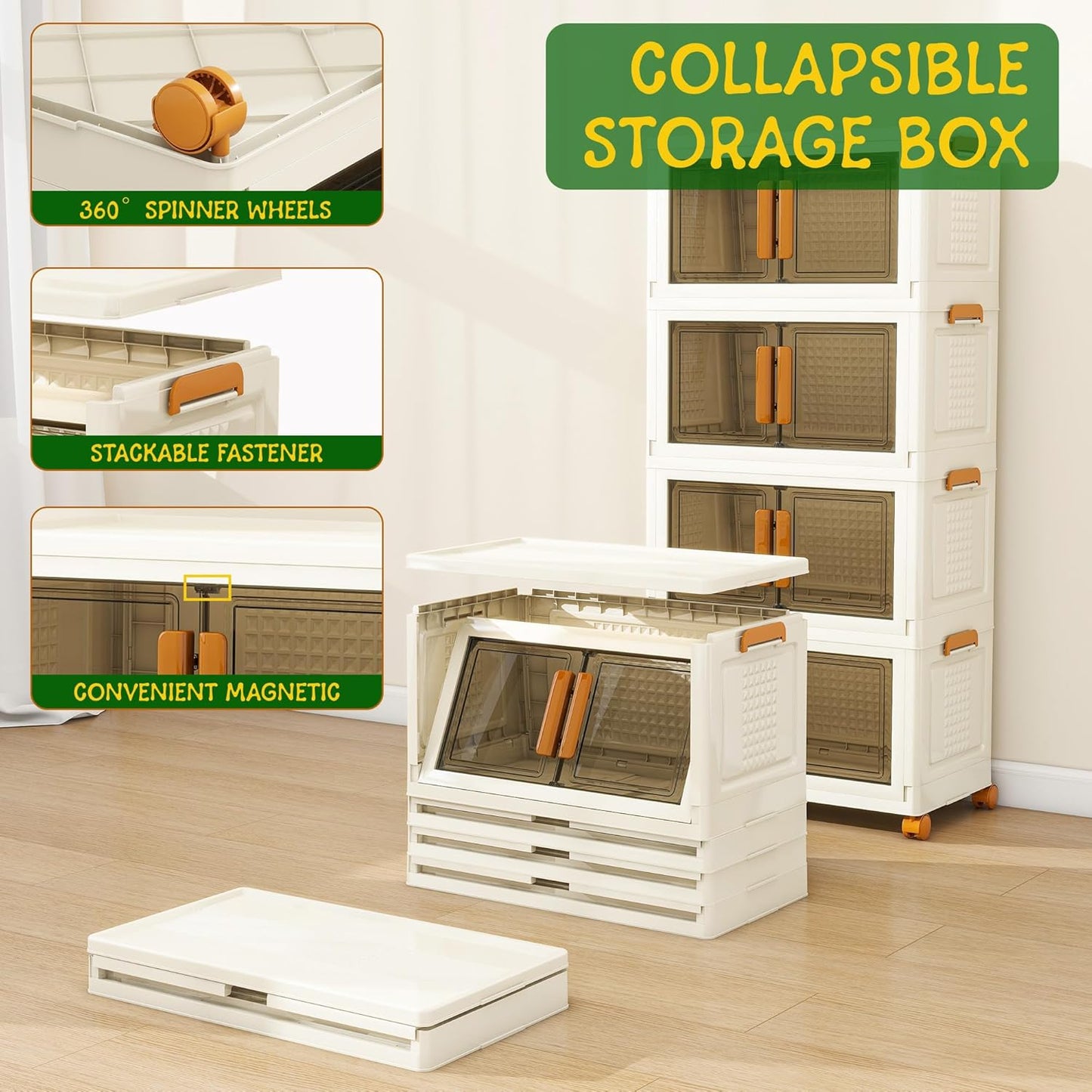 4 Tier Stackable Plastic Storage Bins with 1 Lid 35 QT/Tier, Collapsible Plastic Box Storage Bin with Wheels, Home Containers Boxes Closet Organizers for Living Room, Office, Dorm