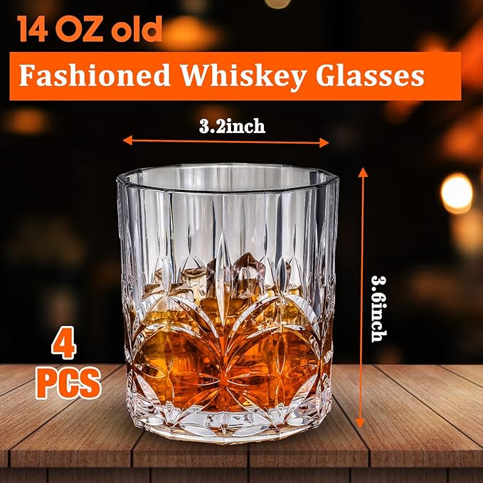 4 Sets Plastic Whiskey Glasses 14 oz Unbreakable Whiskey Drinking Glasses Old - Image 2