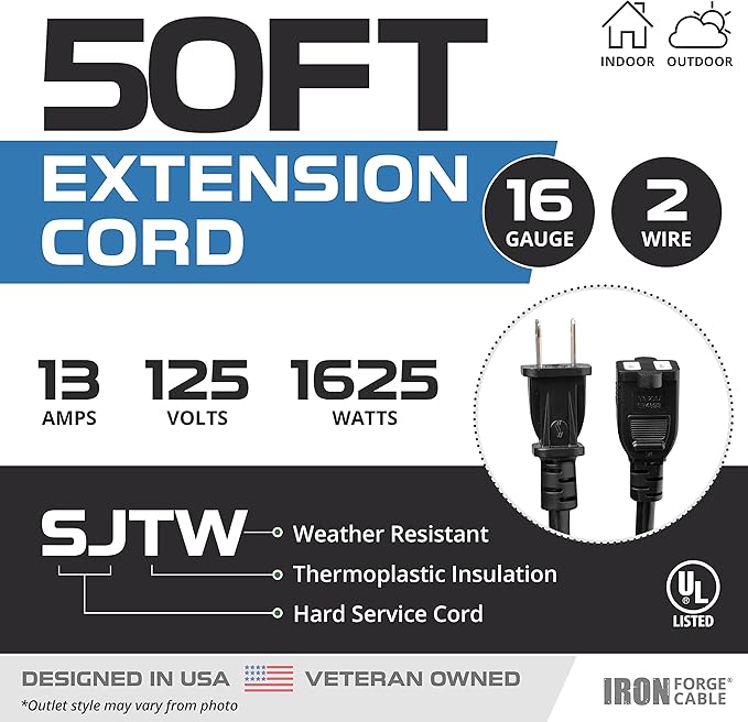 Iron Forge Cable 50 Ft Black Extension Cord, 50 Foot Extension Cord - Image 2
