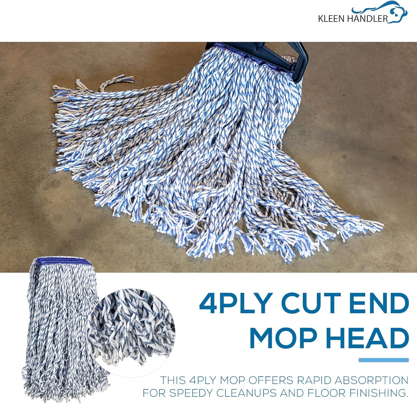 KLEEN HANDLER Cut End Finish Mop | 1.25" Universal Headband Maximum Absorption Finishing Mop, Case of 24