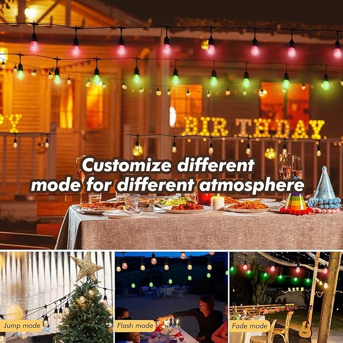 Auroraworld 48FT RGB Outdoor String Lights, Dimmable Color Changing Waterproof - Image 2