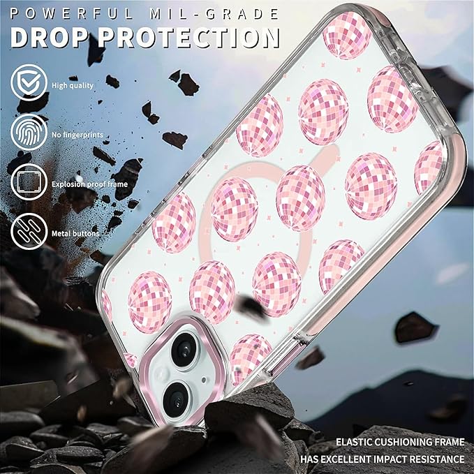 Case for iPhone 15, Disco Balls Pink Phone Case Design，for Women Girls Magnetic - Image 5