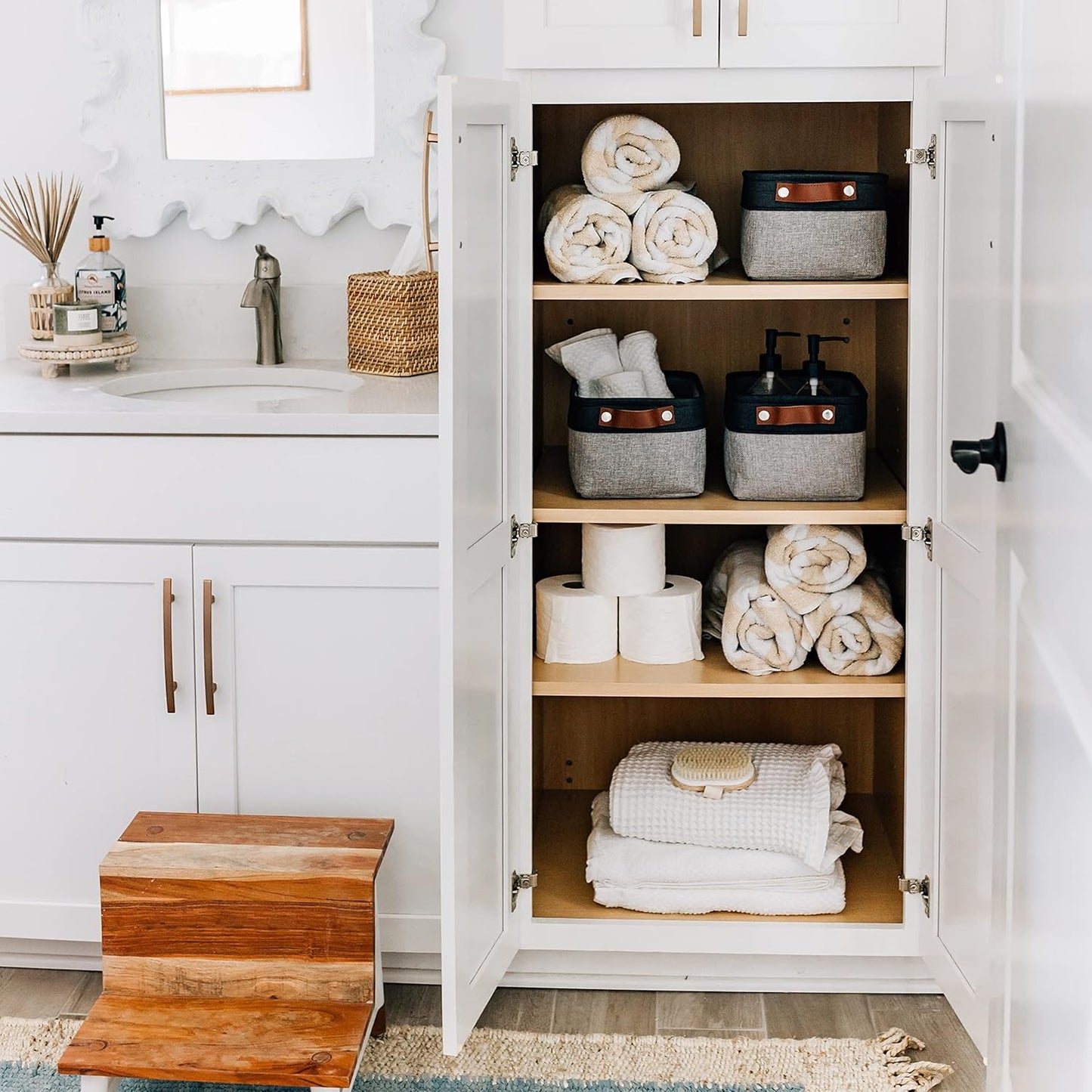 OrganiHaus Small Fabric Storage Baskets for Shelves 6 Pack, 12x8in Closet Storage Bins for Shelves, Cloth Baskets for Organizing, Linen Closet Organizers, Fabric Basket, Gray/Black