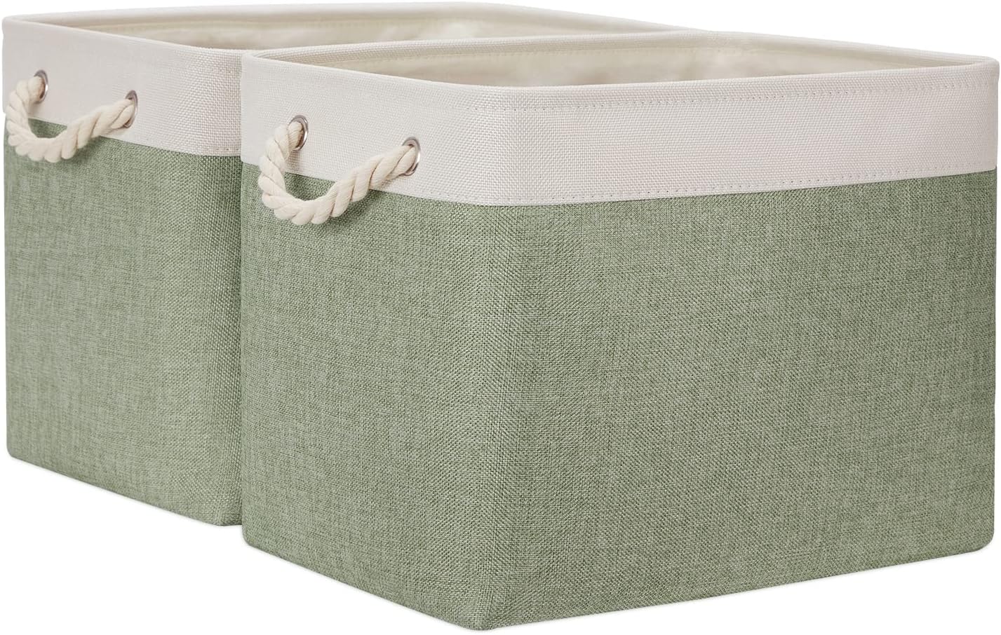 Temary Storage Baskets Fabric Storage Bins for Shelves, 2 Pack Decorative Storage Boxes Canvas Storage Basket with Handles for Organizing Clothes, Books(White&Green,16Lx12Wx12H Inches)