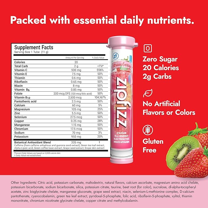 Zipfizz Daily Energy Drink Powder, Strawberry Kiwi, 20 Pack | 3-in-1 Sustained - Image 2