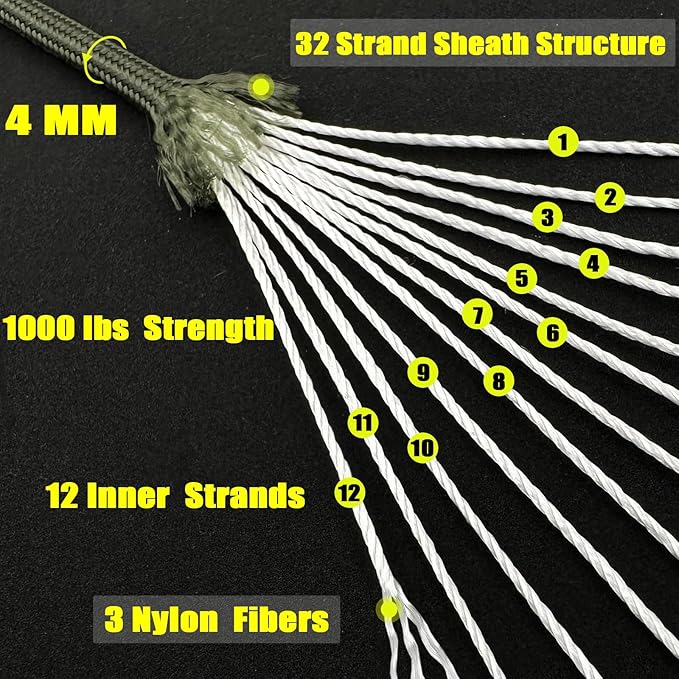 VVAAGG 1000 Paracord Rope 200FT, 4mm Utility Parachute Cord 12 Strand Nylon Rope - Image 2