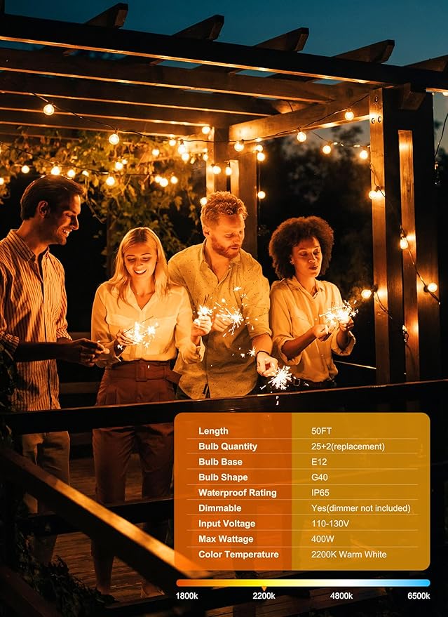 Brightown Outdoor String Lights, 50FT 25 G40 Bulbs Shatterproof Patio Lights - Image 2