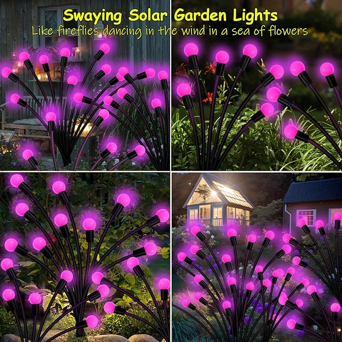Kohlrabi Solar Garden Lights Outdoor, 10 Pack 80 LED Pink Firefly Lights - Image 5