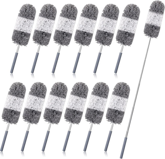 Tanlade 12 Pcs Microfiber Feather Duster for Cleaning 13-31 Inch Extendable Cobweb Dusters Ceiling Fan Duster Washable Bendable Tool for Office Car Window Furniture (Gray White)