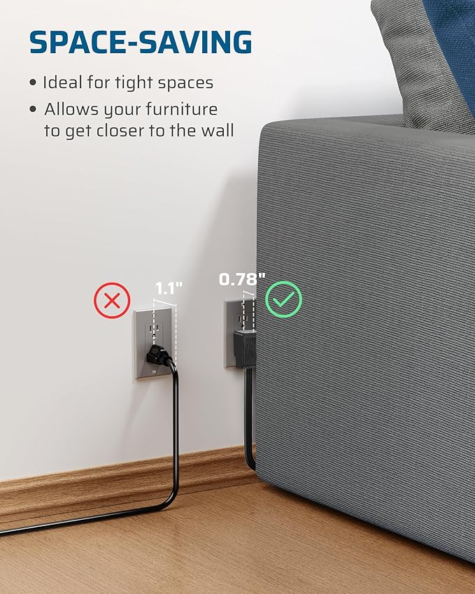 DEWENWILS 15FT Flat Plug Extension Cord, 3 Prong Ultra Thin Power Strip - Image 4